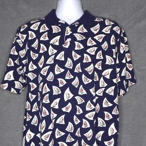 Vintage Polo Ralph Lauren Mens Sailboat Print Polo Shirt Large Navy Nautical
